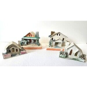 Vintage Christmas Village Putz 4 Houses Cardboard with Glitter & Trees - Japan
